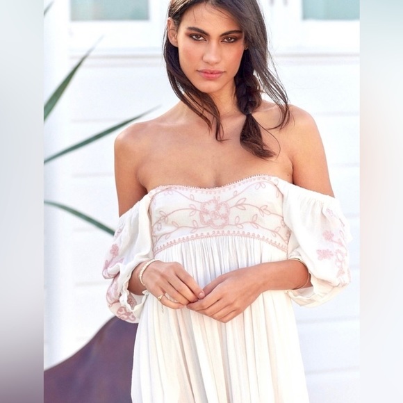 Free People Wedgewood Scoop Neck Blouson Embroidered Sleeves Maxi Dress - Picture 4 of 6